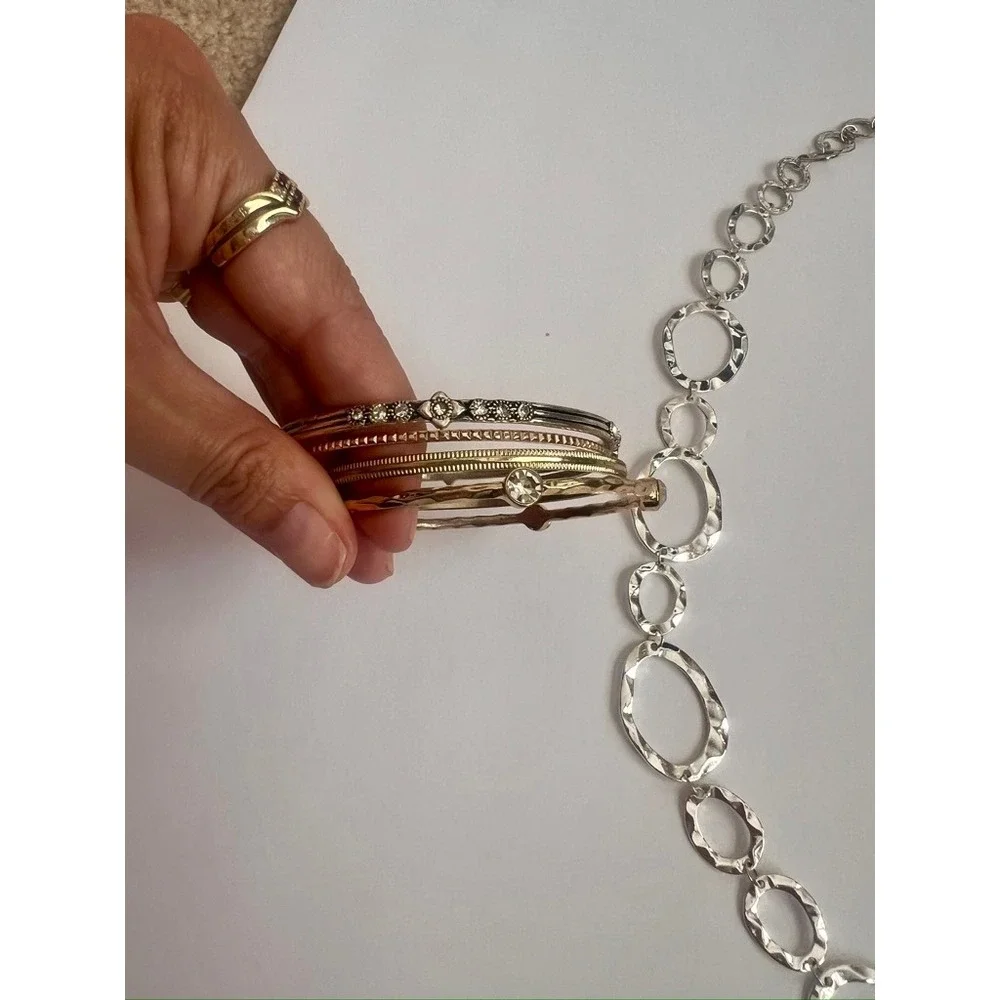 Two Necklaces & Bangle Lot‎ - Silver Tone Chain Link Statement Jewelry Set